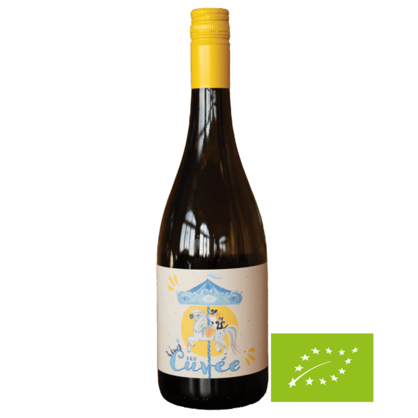 Eko Cuvée 2023 - wino lubuskie Butelka wina lubuskiego z etykietą Eko Cuvée, na tle białego tła, w kategorii wino ekologiczne.