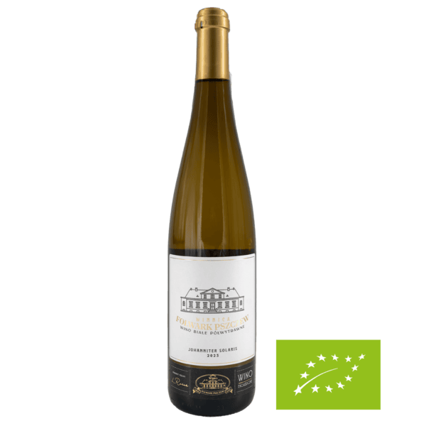 Solaris 2024 wino z lubuskiej winnicy Butelka wina Solaris z lubuskiej winnicy, etykieta i zielony certyfikat ekologiczny.