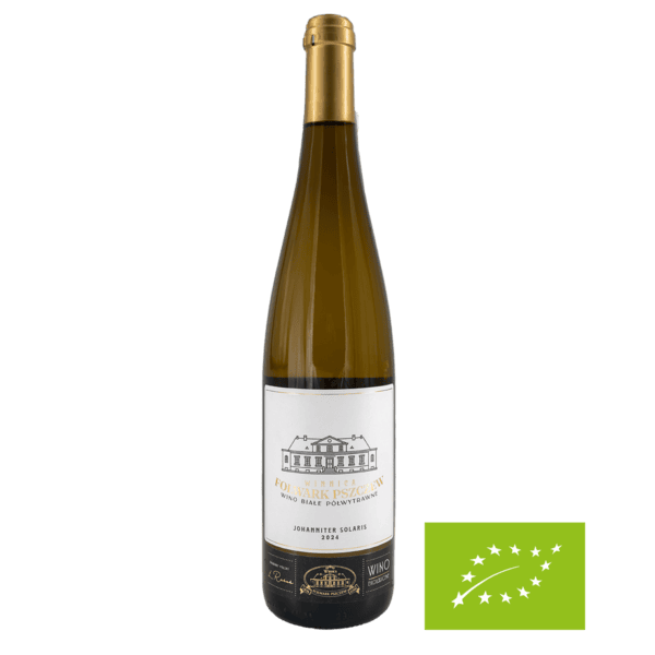 Butelka wina Johanniter Solaris z Lubuskich winnic, wino białe, na tle białej etykiety.