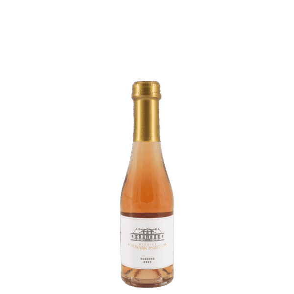 Male-rosseco-200-ml-scaled Mała butelka różowego wina z winnicy lubuskiej, etykieta z logo i nazwą wina.