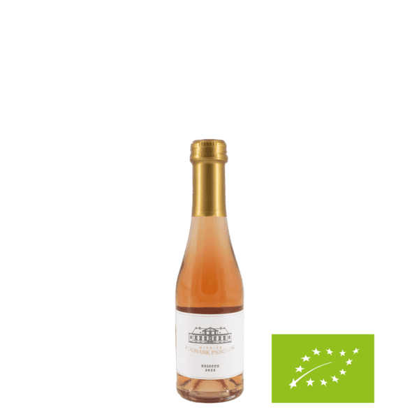 Różowe wino z lubuskiej winnicy Mała butelka różowego wina z lubuskiej winnicy, etykieta z logo i certyfikat ekologiczny.