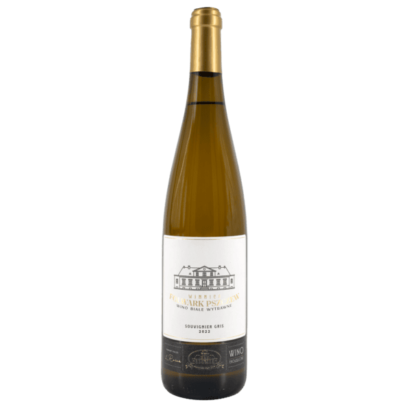 Souvignier Gris 2022 wino lubuskie Butelka wina Souvignier Gris 2022 z winnicy lubuskiej, białe wino, na tle naturalnego otoczenia.