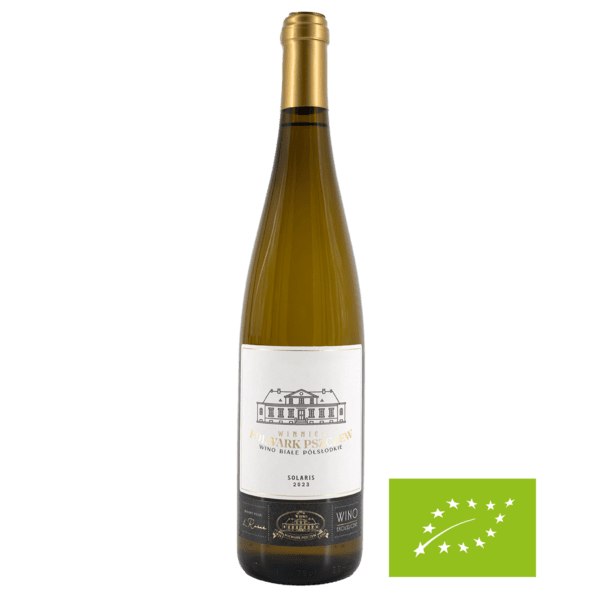 Wino Solaris 2024 z lubuskiej winnicy Butelka wina Solaris 2024 z lubuskiej winnicy, etykieta na butelce, zielony certyfikat ekologiczny.