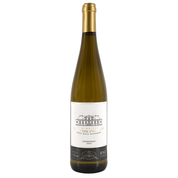 Wino Chardonnay 2022 z Lubuskich winnic Butelka wina Chardonnay 2022 z lubuskiej winnicy, na tle białej etykiety i złotej nakrętki.