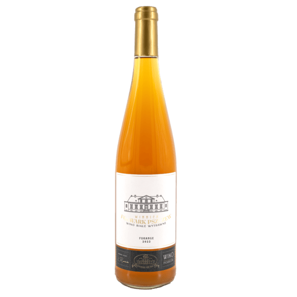 Wino z lubuskiej winnicy Forange 2023 Butelka wina z lubuskiej winnicy, wino polskie, kategorii forange, na tle białego tła.